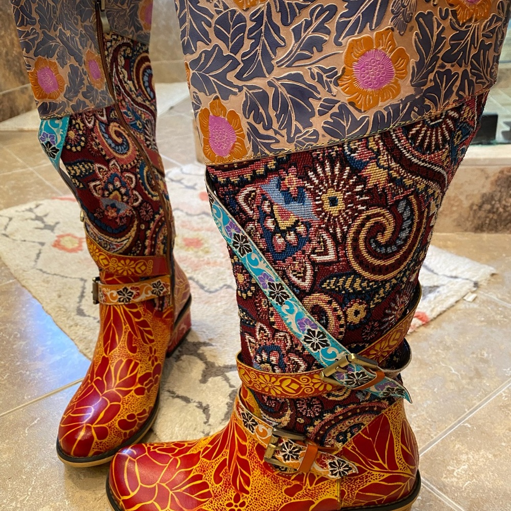 Soffia Brown Floral Tie Accent Leather Vintage Knee High Boots - Picture 3 of 9